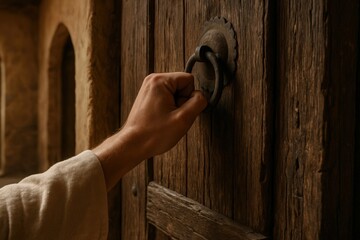 A man's hand knocking on an ancient wooden door. Close-up of a person using a rustic metal knocker in a historical setting. Biblical concept of faith and opportunity