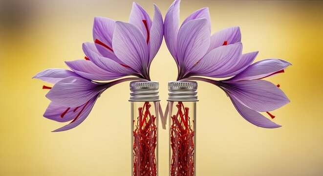 Exquisite Saffron Crocus Flowers in Glass Vials on a Golden Backdrop Depicting Spice