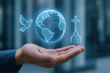 A hand holds glowing digital icons of a dove, globe, and church. Christian faith, global mission, and world peace concept