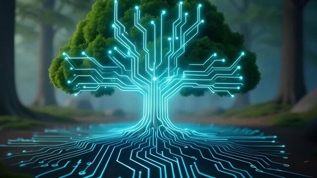 Futuristic tree with glowing circuit roots in a serene forest setting, blending nature and technology