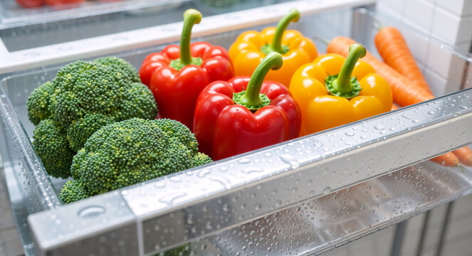 An assortment of fresh vegetables in a refrigerator crisper drawer. Colorful broccoli, bell peppers, and carrots for a healthy diet