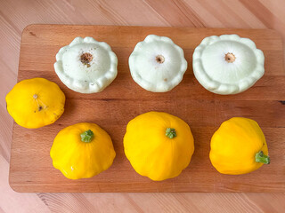 Pattypan Squashes on a Wooden Board