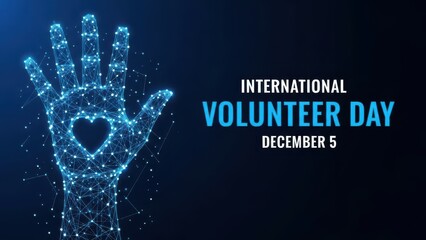 International volunteer day on december 5 with glowing blue hand and heart made of particles on dark background