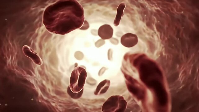 Close-up illustration of red blood cells flowing through a blood vessel with scattered platelets under warm lighting
