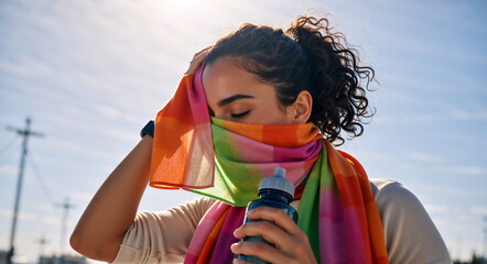 Woman covering her face with a colorful scarf on a sunny day. Tired athlete resting and hydrating with a water bottle after an outdoor workout