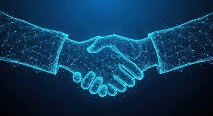 A glowing blue handshake made of particles on a dark background representing partnership and business agreement