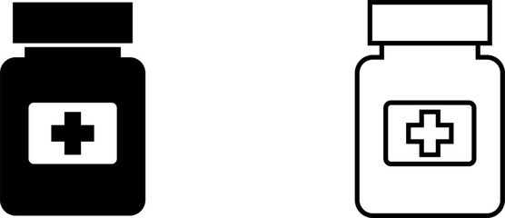 Icon and logo design showing two variations of a medicine bottle with a cross symbol, one in black and one in white outline