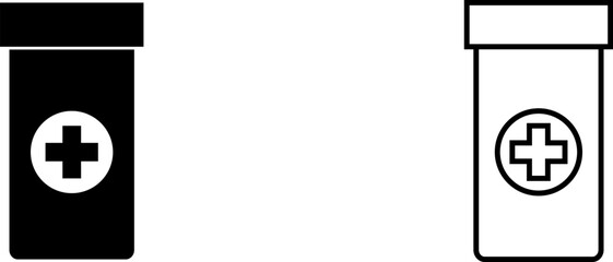 Simple logo design featuring two pill bottles with a cross symbol in black and white formats