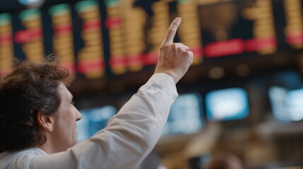 A stock trader at a bustling trading floor signaling a buy order with quick hand gestures, digital tickers flickering red and green across massive LED screens — financial markets, rapid