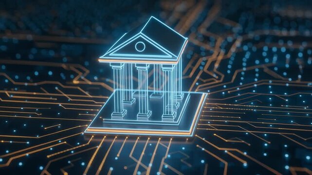 Futuristic bank building on a digital circuit board representing finance technology and innovation