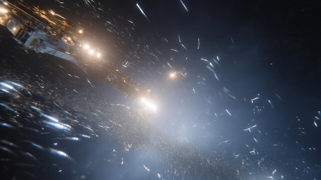 A deep-sea ROV descending into the midnight zone, its headlights revealing drifting bioluminescent creatures as engineers monitor the live feed from the research vessel &mdash; deep-ocean exploration,