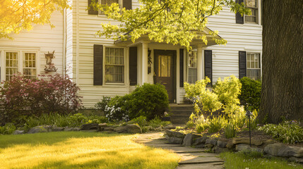 shrubbery. Charming suburban home with lush front garden bathed in warm afternoon sunlight. real-estate listings.
