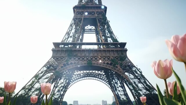 Close-Up of Soft Pink Tulips in Foreground with Eiffel Tower Blurred Behind