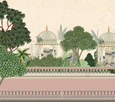 Mughal Indian Rajasthani artwork with peacock elephant camel and ornate pavilion in traditional miniature illustration wallpaper, Mughal garden forest wallpaper with palace, domes, peacock, palm trees