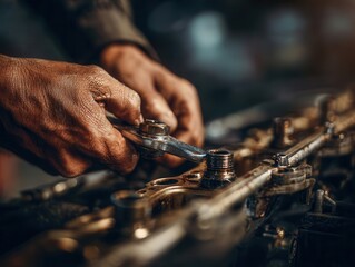 Close-up of mechanics hands using a wrench to repair an engine in a workshop during the day focusing on precision and craftsmanship in automotive work