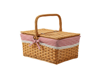 Beautifully woven wicker picnic basket, light brown, sturdy handle, hinged lids, vibrant red/white gingham lining with lace trim, bow, isolated on white background, ample copy space, soft studio