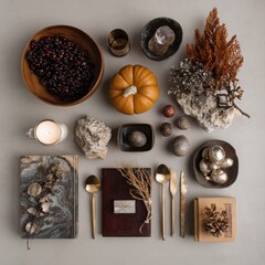 Elegant Autumn Flatlay with Pumpkin, Berries, Natural Textures and Gold Cutlery on Minimal Background