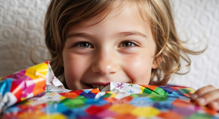 Happy smiling child opening a colorful birthday gift. Portrait of an excited young boy unwrapping a present during a celebration