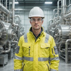 Worker stands in industrial facility wearing safety gear and surrounded by machinery during daytime shift
