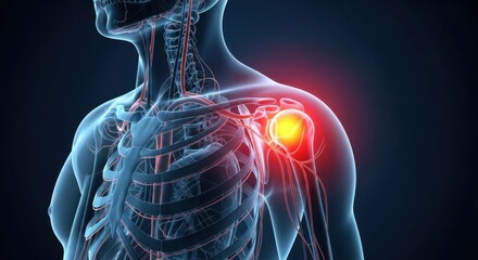 Human skeleton with highlighted shoulder joint and glowing red spot indicating pain or injury