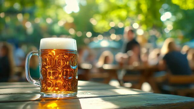 Refreshing glass of light craft beer with foam on a wooden table. Sunny day at an outdoor pub with people relaxing in the background