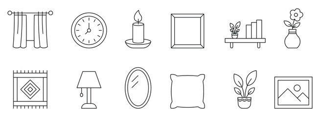 Home and decor outline icon set. Interior design icon set for home. Essential household and furniture minimalist icons. Vector illustration.