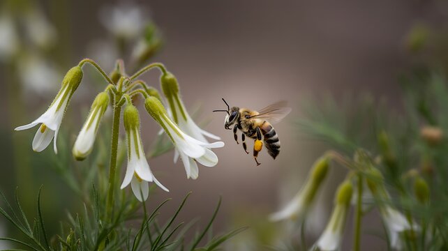A close-up shot of a bee in flight approaching delicate white flowers in a natural outdoor setting. - Powered by Adobe
