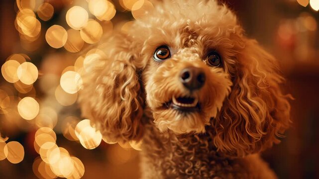A poodle dog is looking at the camera with its eyes closed. The dog is sitting on a carpeted floor. Poodle looking at sparkly lights, dreamy christmas vibe