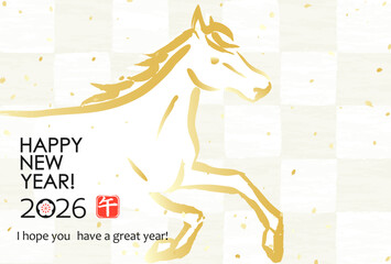 2026年　日本の年賀状　市松模様に白馬