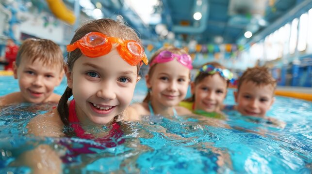 Group of smiling children wearing goggles enjoy time together in a bright indoor swimming pool