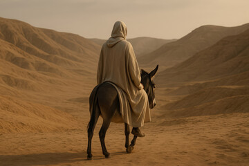 A person in a traditional robe rides a donkey on a journey through the desert. Historical biblical scene of a pilgrimage. Solitude and faith concept