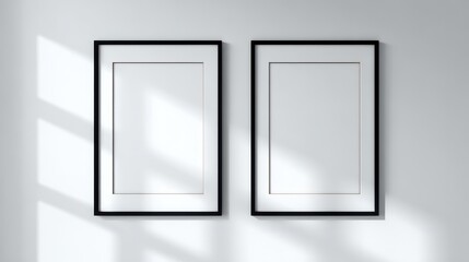 Two sleek vertical black frames with white matting on a bright wall capturing natural light patterns