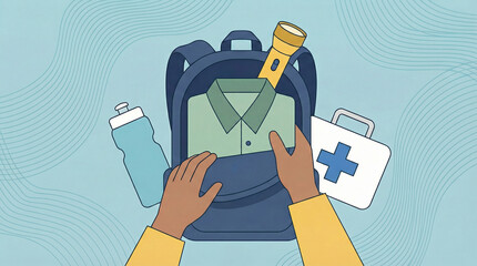 Emergency go bag preparation illustration with backpack containing survival essentials including clothing flashlight water bottle and first aid kit for disaster readiness