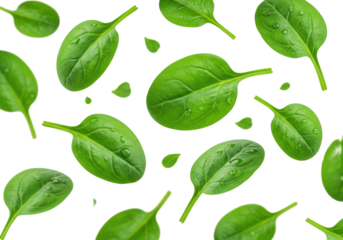 Vivid emerald green baby spinach leaves with delicate veins & water droplets, suspended mid-air on a transparent background, showcasing freshness & vitality. Concept of healthy eating