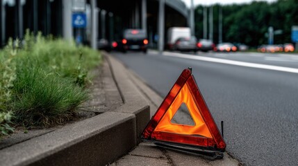 Warning triangle placed near a roadside accident scene on a busy highway during daylight hours indicating potential danger ahead