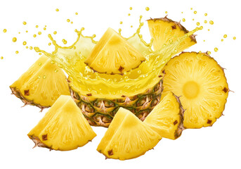 Golden-yellow pineapple chunks, slices, spiky rind, vibrant juice splashing, glistening droplets suspended mid-air on transparent, concept for tropical fruit advertising