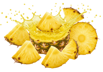 Golden-yellow pineapple chunks, slices, spiky rind, vibrant juice splashing, glistening droplets suspended mid-air on transparent, concept for tropical fruit advertising