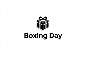 Black gift box icon with a ribbon above bold &ldquo;Boxing Day&rdquo; text on a clean white background, suggesting seasonal sales and festive promotions.