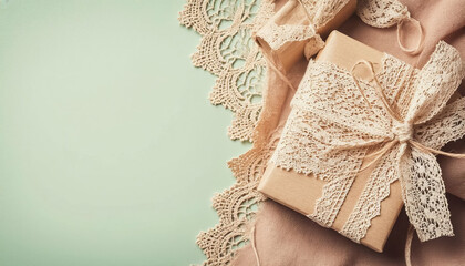 Kraft-wrapped present with antique lace trim on soft pastel backdrop