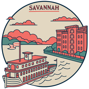 Savannah Riverboat and Historic Building &ndash; Circular Riverfront Poster