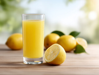 Fototapeta premium Freshly Squeezed Lemon Juice in a Glass with Lemon Background JPG Photo : Generative AI