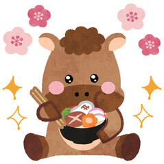 お正月に雑煮を食べる馬のアイコンイラスト年賀状素材　午年　new year