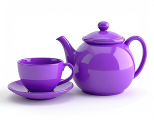 Purple teapot and teacup on saucer; solid color