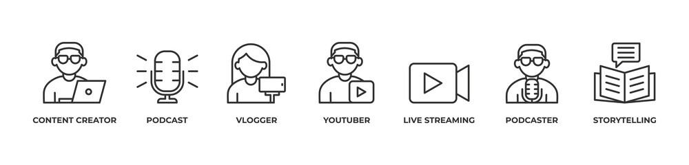 Creator Universe  Icons set vector illustration outline with Content creator, Podcast, Vlogger, Youtuber , Live streaming, Podcaster, Storytelling