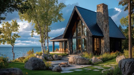 Luxurious modern lakeside a-frame cabin with large windows, stone chimney, and scenic water view.