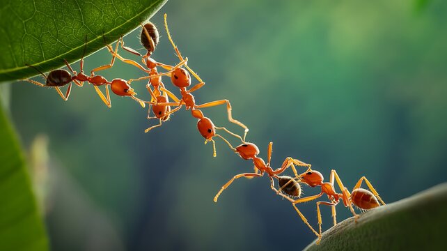 A macro shot showing group of red ants working together to form a bridge across a green leaf