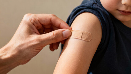 Parent gently placing a protective bandage on a child’s arm after vaccination, captured in warm soft light with detailed skin textures, subtle emotional symbolism of care and protection, and a clean n