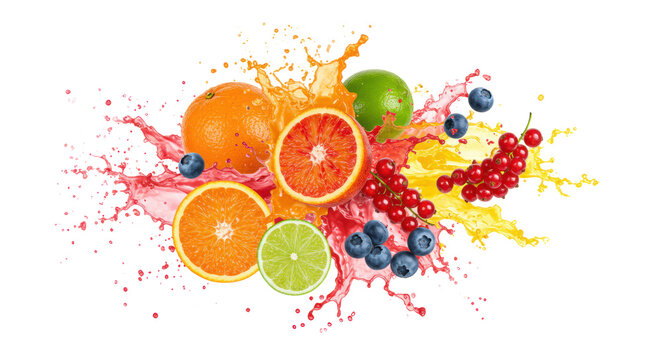 Hyper-realistic studio photo of fresh citrus and berries exploding with vibrant juice splashes against a transparent background, concept for beverage advertising