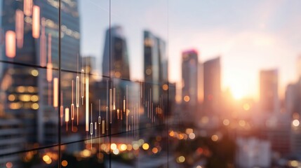 Business district with city skyline and trading chart during sunset