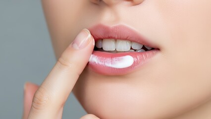 Fototapeta premium Close up of woman applying lip balm to lower lip in bright setting